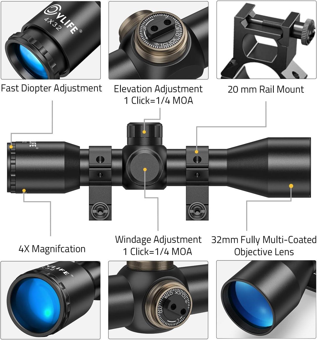 image:imageCVLIFE 4x32 Compact Rifle Scope 1 inch Tube Scope Optics Hunting Scope with Mounts20mm