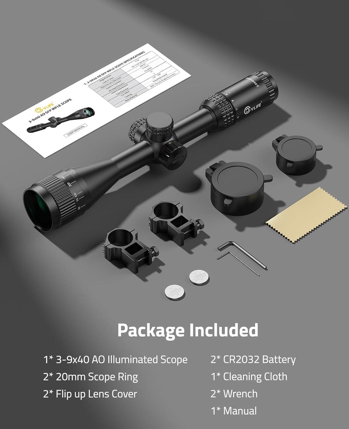 image:imageCVLIFE JackalHowl F02 AO Rifle Scope Red and Green Illuminated Reticle SFP Rifle Scope for Hunting with Parallax Adjustment 20mm Scope Rings Second Focal Plane39x40 AO