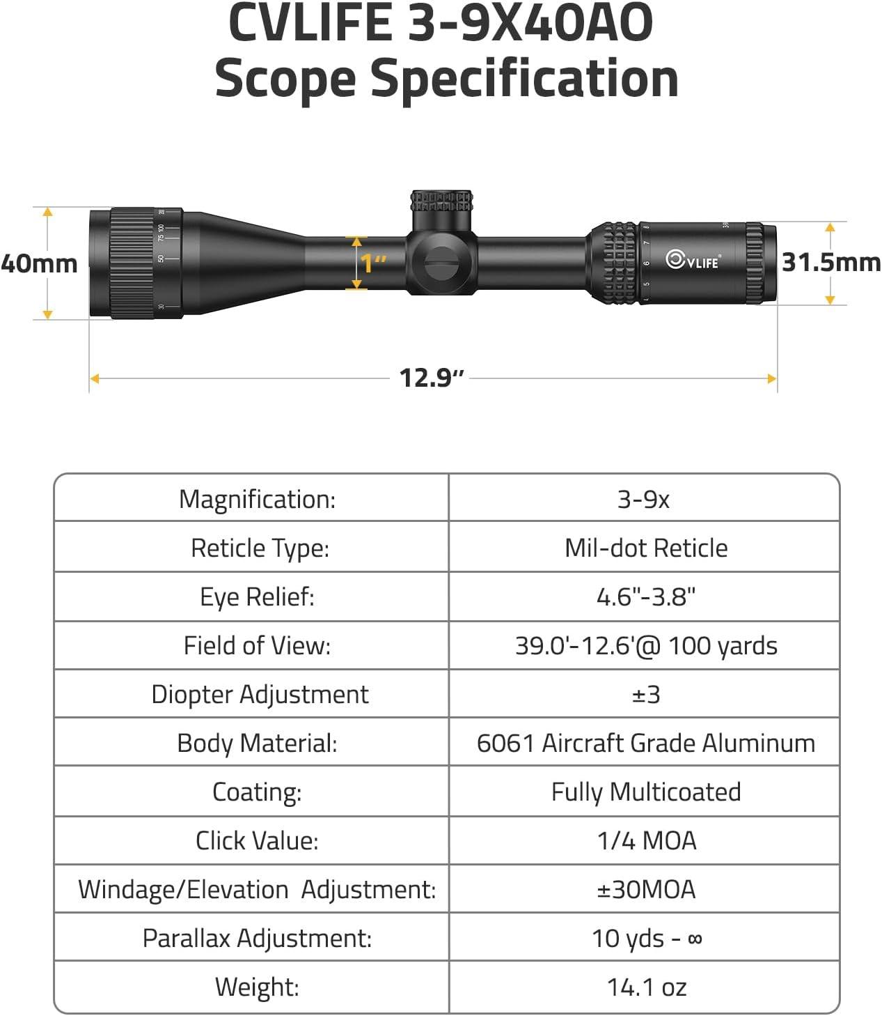 image:imageCVLIFE JackalHowl F02 AO Rifle Scope Red and Green Illuminated Reticle SFP Rifle Scope for Hunting with Parallax Adjustment 20mm Scope Rings Second Focal Plane39x40 AO