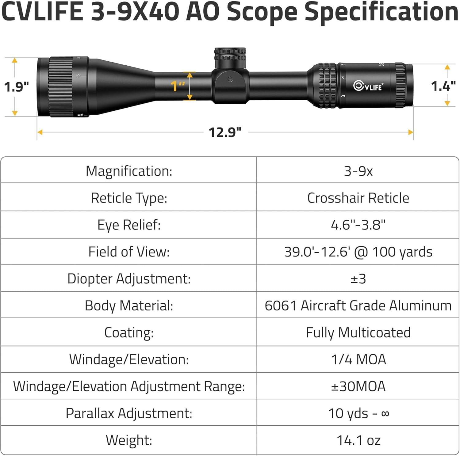 image:imageCVLIFE JackalHowl F02 AO Rifle Scope SFP Hunting Rifle Scope with Parallax Adjustment and 20mm Scope Rings Second Focal Plane39x40 AO