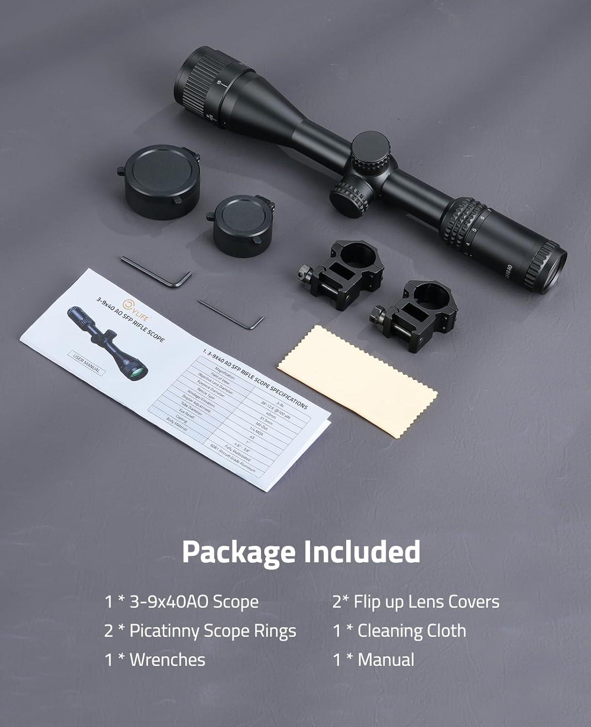 image:imageCVLIFE JackalHowl F02 AO Rifle Scope SFP Hunting Rifle Scope with Parallax Adjustment and 20mm Scope Rings Second Focal Plane39x40 AO