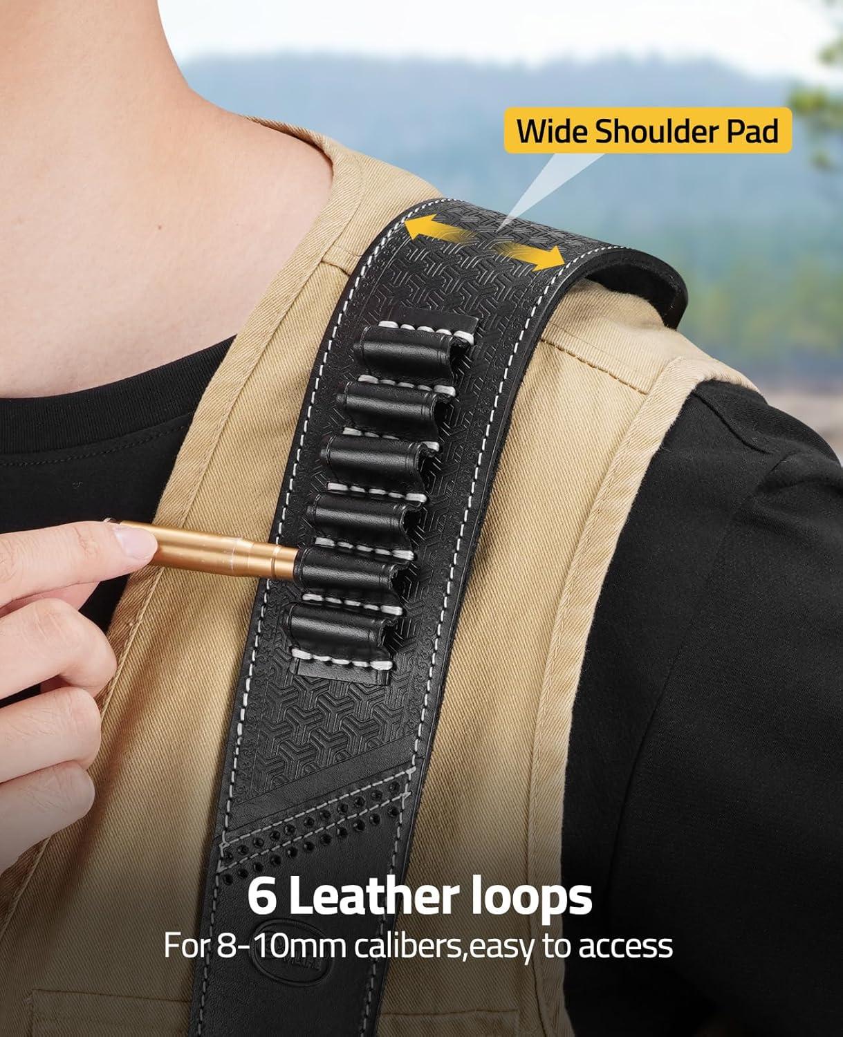image:imageCVLIFE Leather Rifle Sling Two Point Sling Leather Gun Sling with Ammo Holder Adjustable Gun Strap Traditional Sling with SwivelsBlack