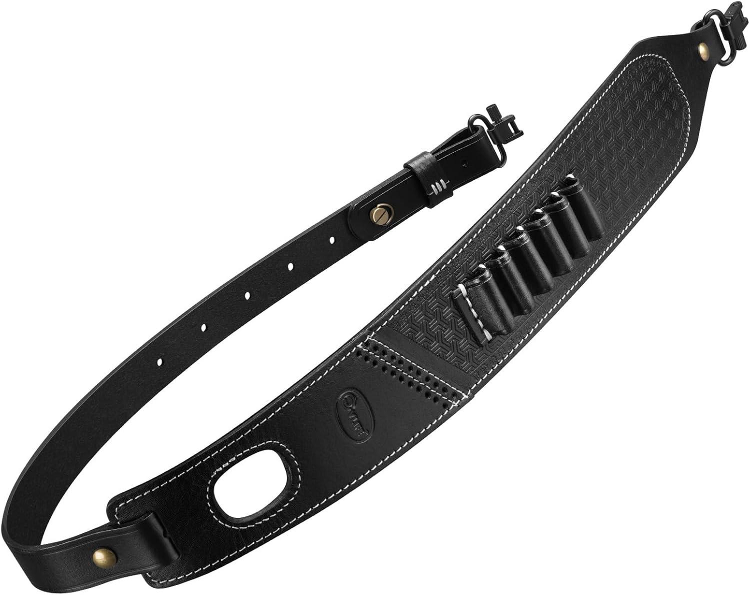 image:imageCVLIFE Leather Rifle Sling Two Point Sling Leather Gun Sling with Ammo Holder Adjustable Gun Strap Traditional Sling with SwivelsBlack