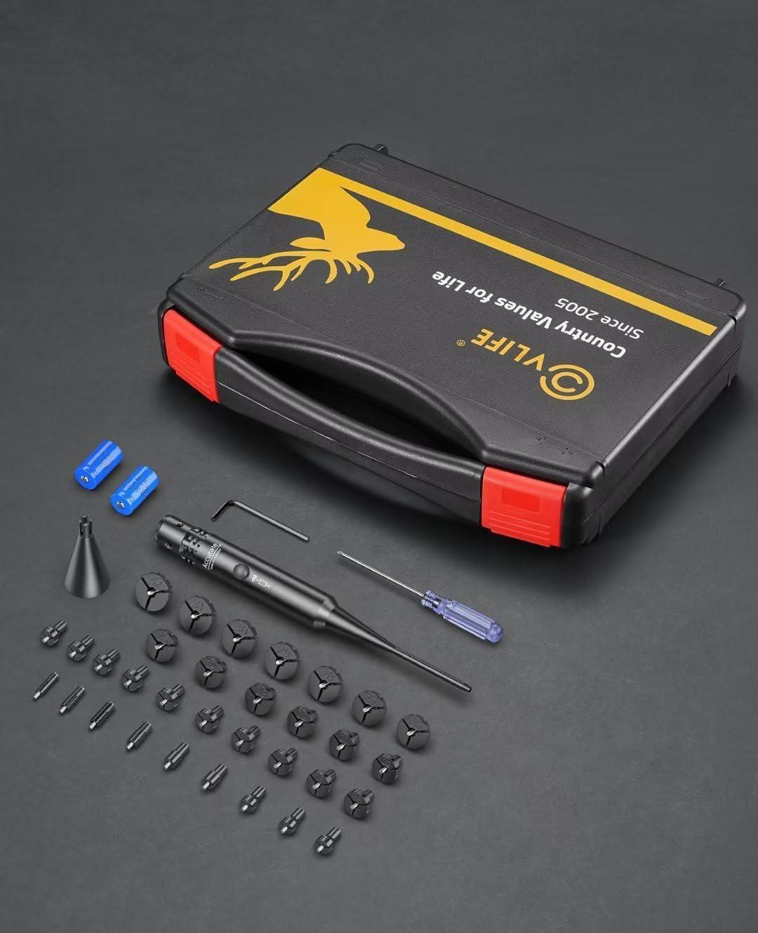 image:imageCVLIFE Professional Laser Bore Sight Kit with 32 Adapters fit 017 to 12GA Calibers Red or Green Bright Bore Sighter Laser with Button Switch Powerful Support for HuntingRed Laser with Box