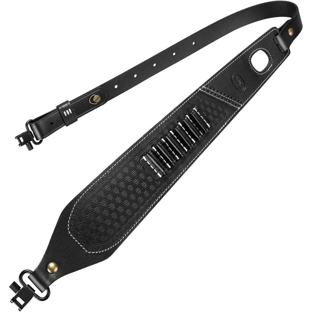 image:imageCVLIFE Leather Rifle Sling Two Point Sling Leather Gun Sling with Ammo Holder Adjustable Gun Strap Traditional Sling with SwivelsBlack