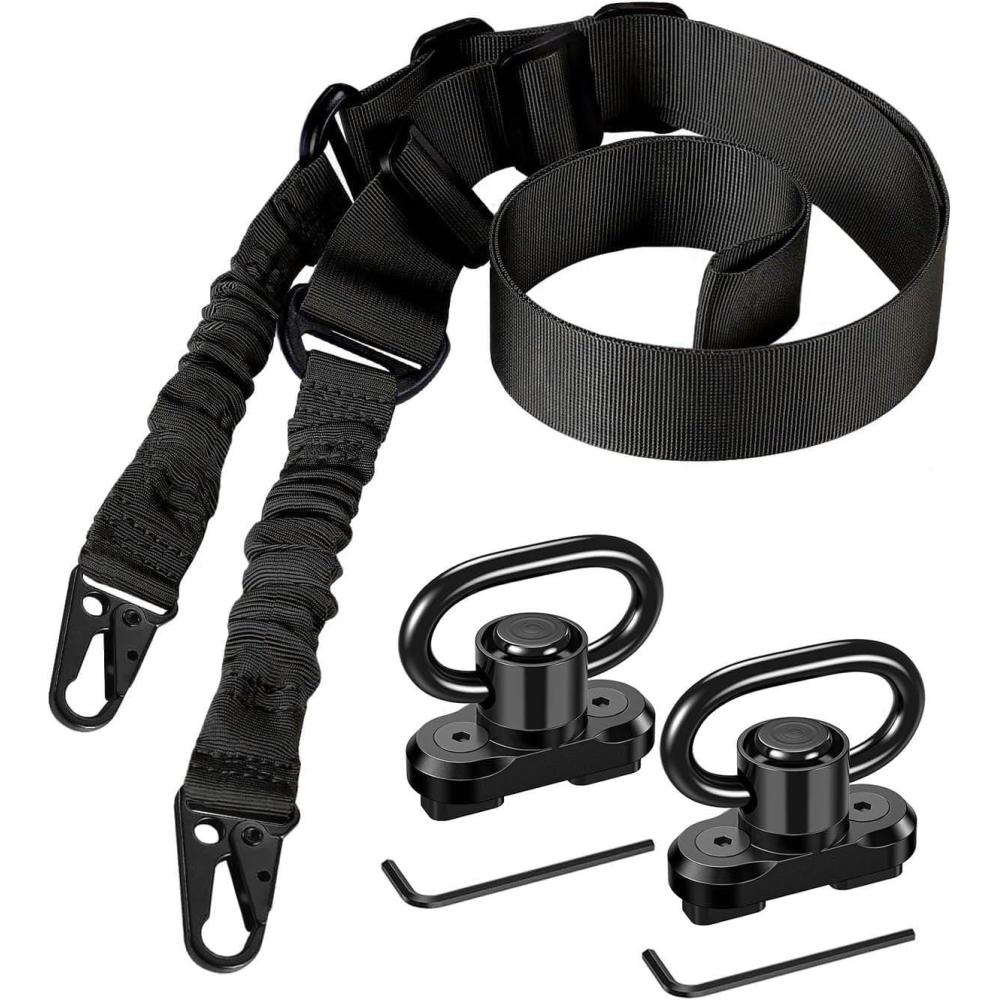 image:imageCVLIFE Two Point Sling with 2 Pack AntiRotation Sling SwivelsAdjustable Length Rifle Sling Elastic Cord Design Traditional Sling for OutdoorBlack