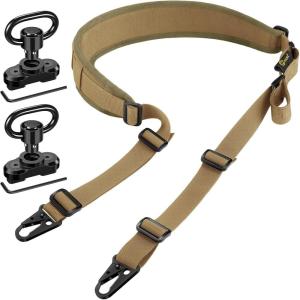 CVLIFE Two Point Sling Rifle Strap with Quick Adjustment Length Loop,Removable Shoulder Pad with 7 Elastic Loops for 9mm-13mm Calibers,Traditional Sling with 2 Pack 360° Metal Sling Swivels(Khaki)