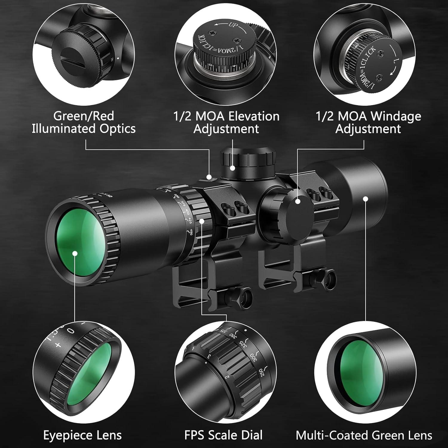 image:imageCVLIFE 155x32 Crossbow Scope 20100 Yards Etched Glass Ballistic Reticle Red Green Illuminated Crossbow Scope for Hunting with 20mm Scope RingsBlack