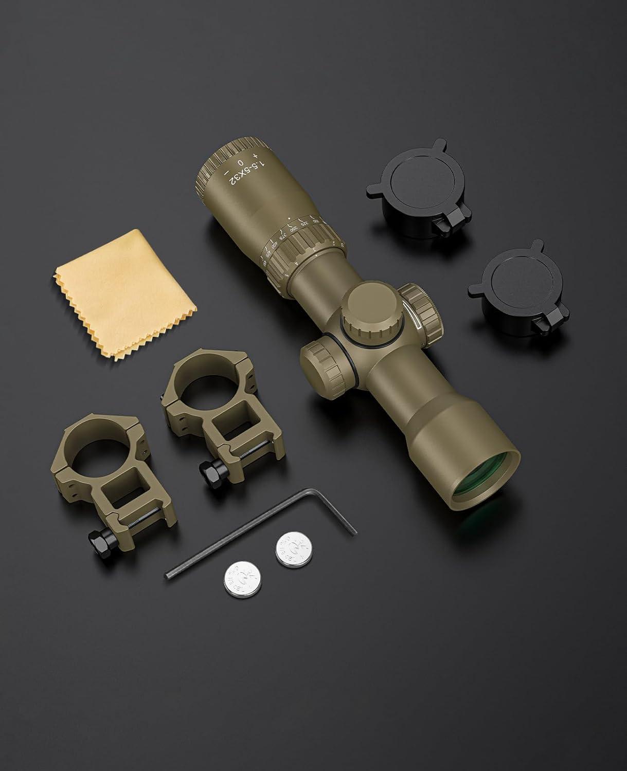 image:imageCVLIFE 155x32 Crossbow Scope 20100 Yards Etched Glass Ballistic Reticle Red Green Illuminated Crossbow Scope for Hunting with 20mm Scope RingsFlat Dark Earth
