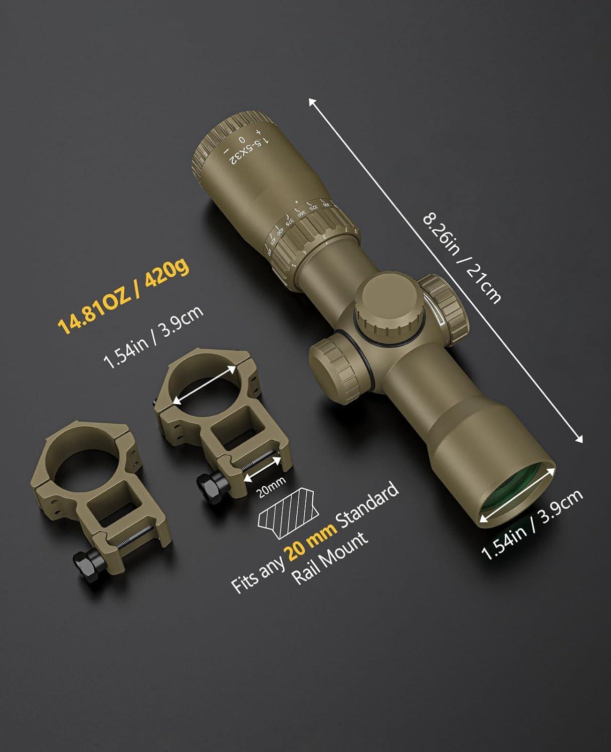 image:imageCVLIFE 155x32 Crossbow Scope 20100 Yards Etched Glass Ballistic Reticle Red Green Illuminated Crossbow Scope for Hunting with 20mm Scope RingsFlat Dark Earth