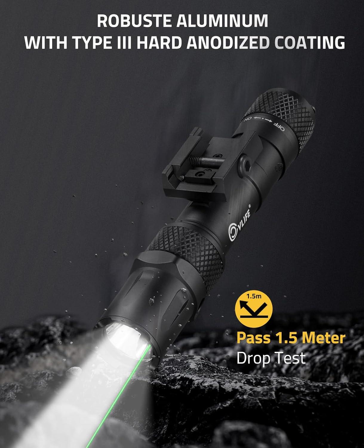 image:imageCVLIFE 1900 Lumens Rifle Laser Light Combo with Pressure Switch for Picatinny Rail Ar Light Laser Combo with Strobe Mode Rechargeable Rifle Flashlight High Lumen Rifle LightLight with Green Beam