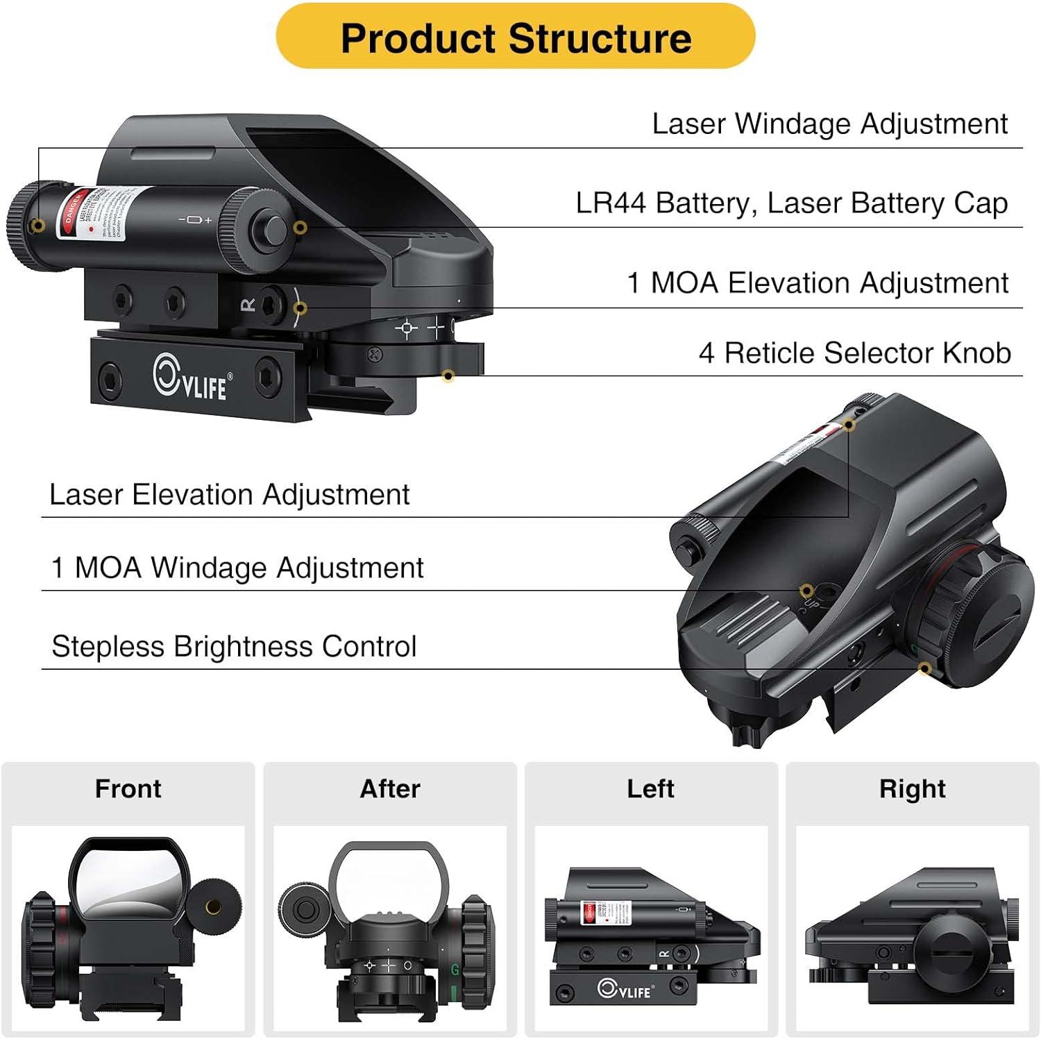 image:imageCVLIFE 1x22x33 Reflex Sight Red and Green 4 Reticle Dot Sight with 2mW Red Sight Laser
