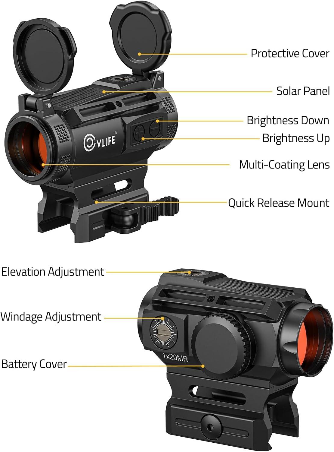 image:imageCVLIFE 25mm Large Lens Solar Red Dot Sight MultiReticle Motion Awake QuickRelease Scope 2 MOA Dot and 70 MOA Circle with Flip Up Covers Optics for Picatinny IPX7 Waterproof FogproofBlack