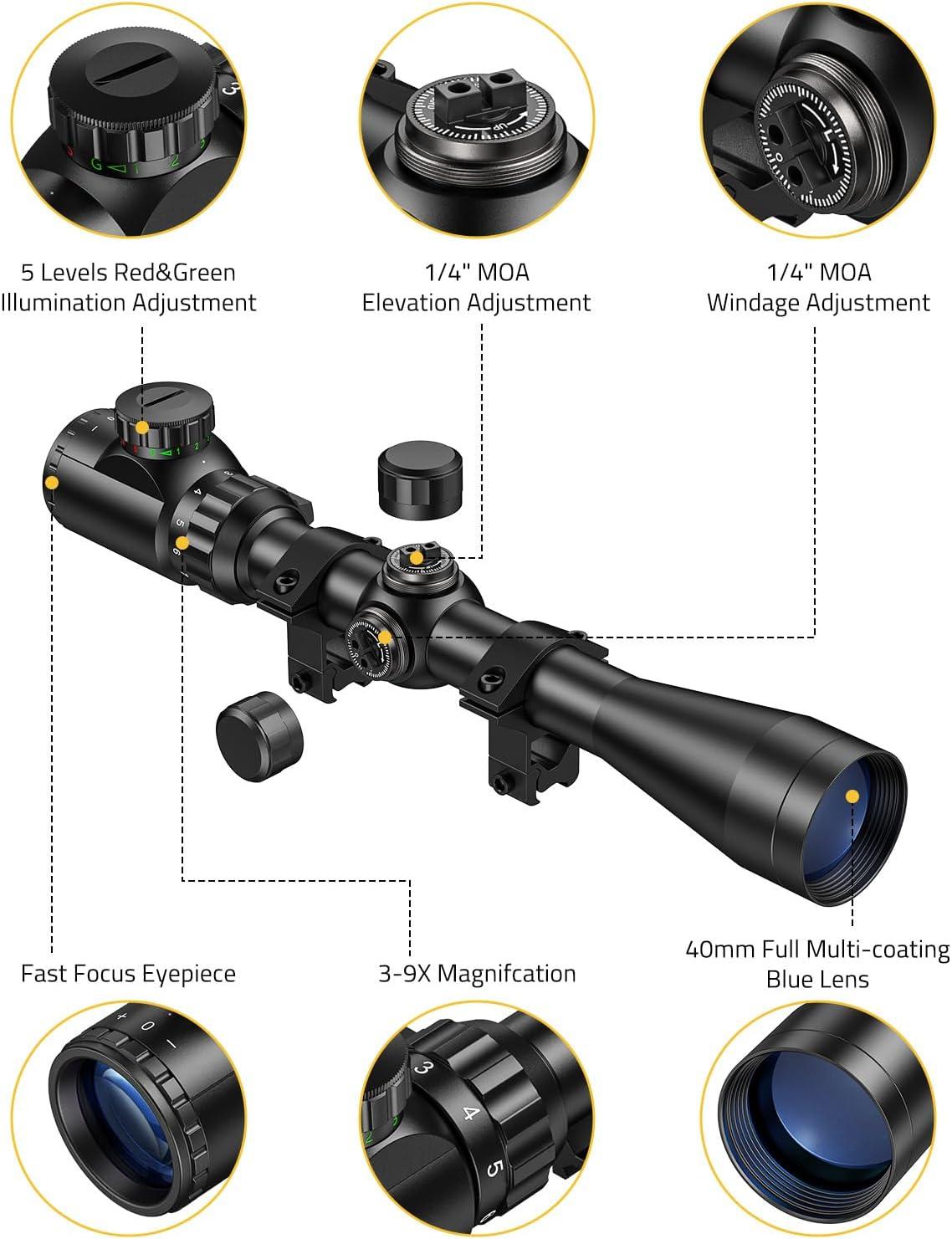 image:imageCVLIFE 39x40 Rifle Scope Red amp Green Illuminated Optical Riflescope 1 inch Tube Scope for Hunting with Mounts11mm