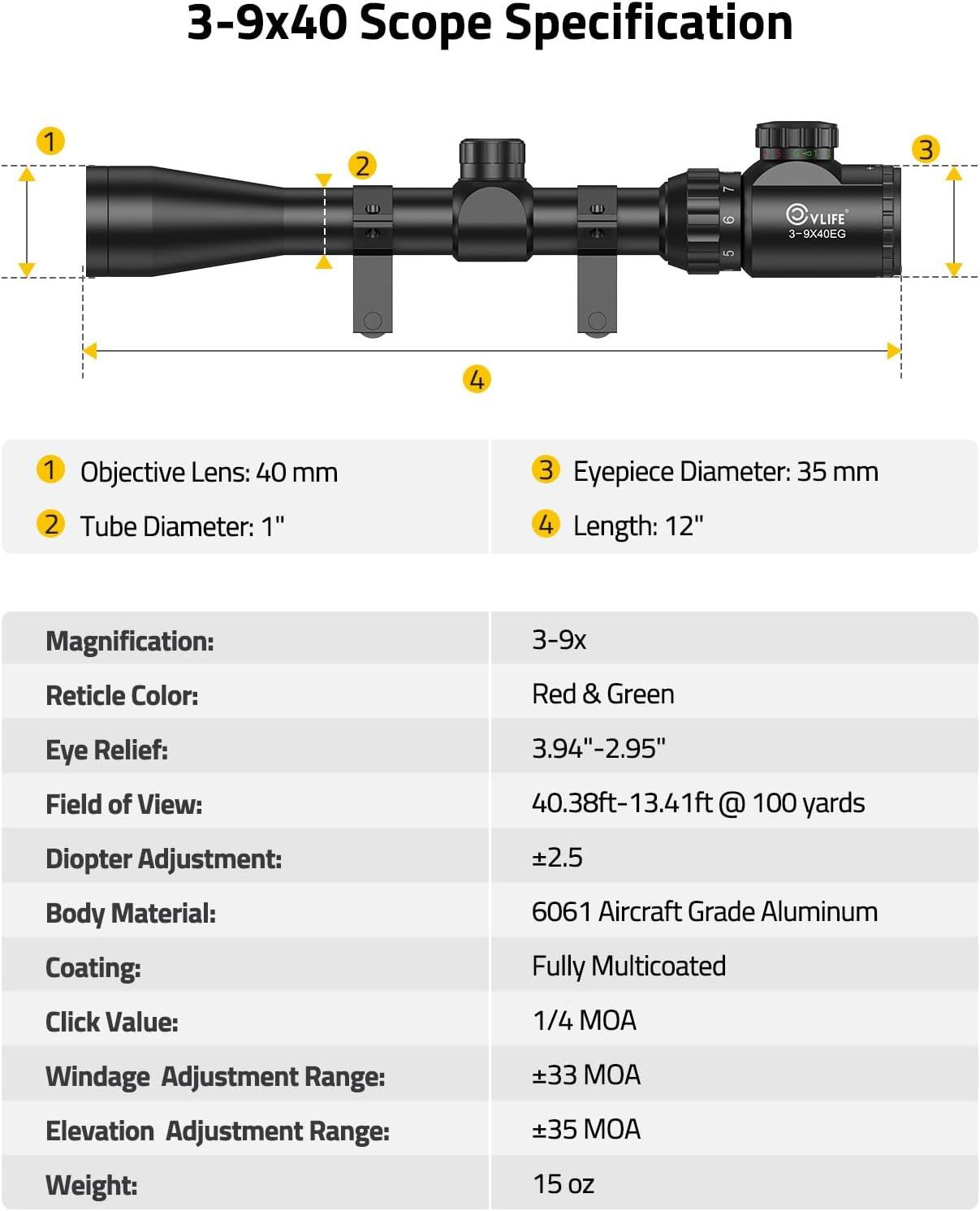 image:imageCVLIFE 39x40 Rifle Scope Red amp Green Illuminated Optical Riflescope 1 inch Tube Scope for Hunting with Mounts20mm
