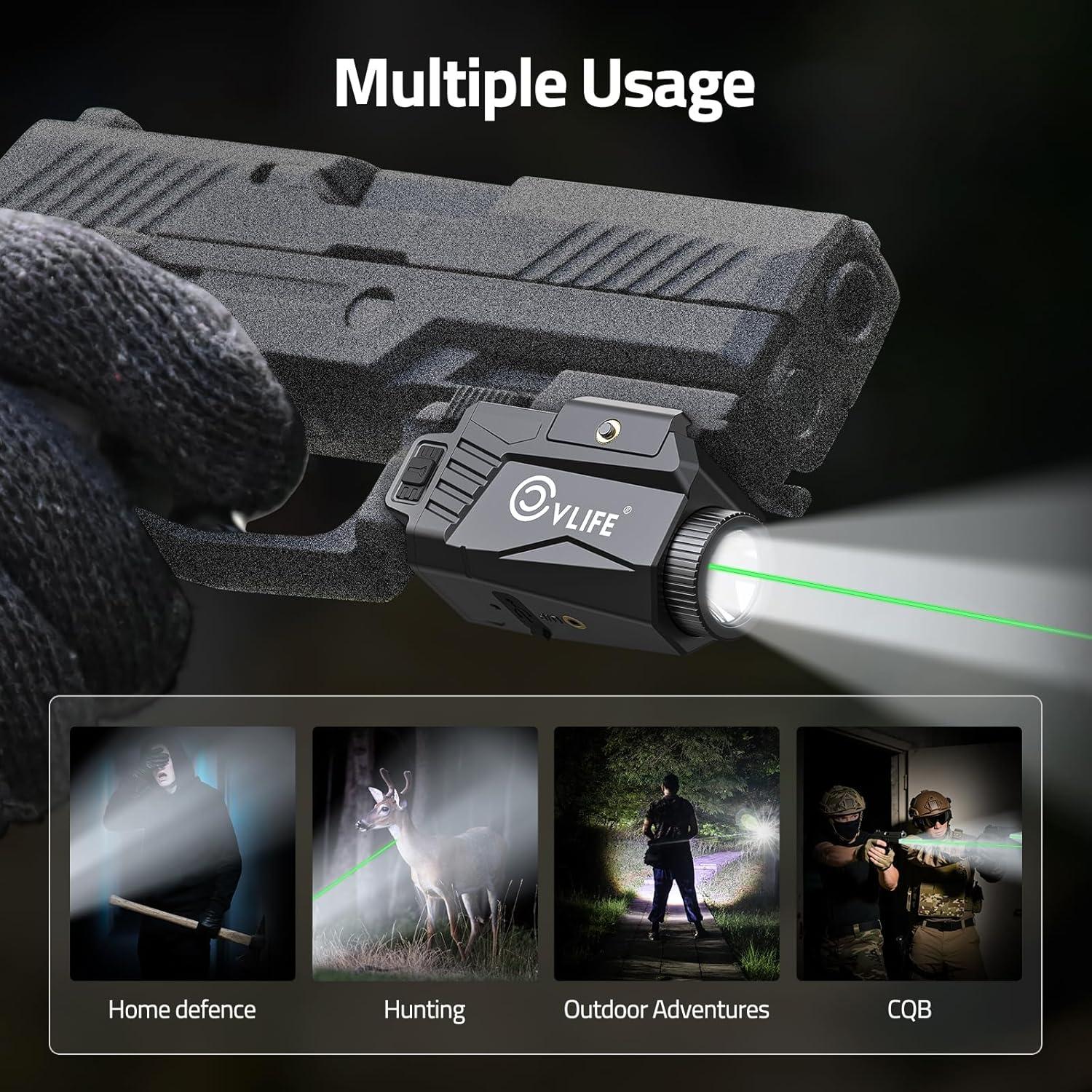 image:imageCVLIFE 600 Lumens Pistol Light Laser Combo Rechargeable Slide Rail Gun Light Compatible with Glock and Picatinny Rail Pistol Flashlight with Green Laser for Home DefenseGreen Laser Light Combo