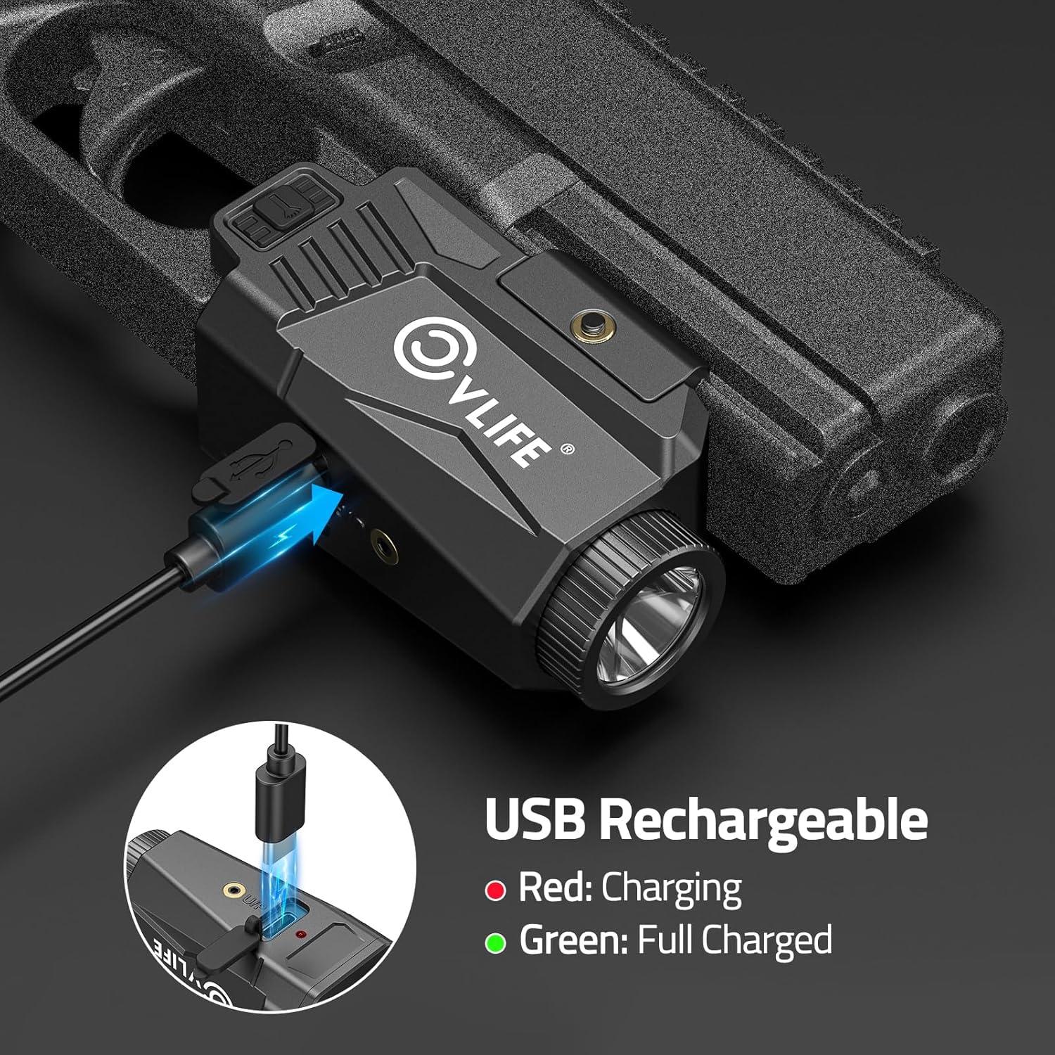 image:imageCVLIFE 600 Lumens Pistol Light Laser Combo Rechargeable Slide Rail Gun Light Compatible with Glock and Picatinny Rail Pistol Flashlight with Green Laser for Home DefenseGreen Laser Light Combo