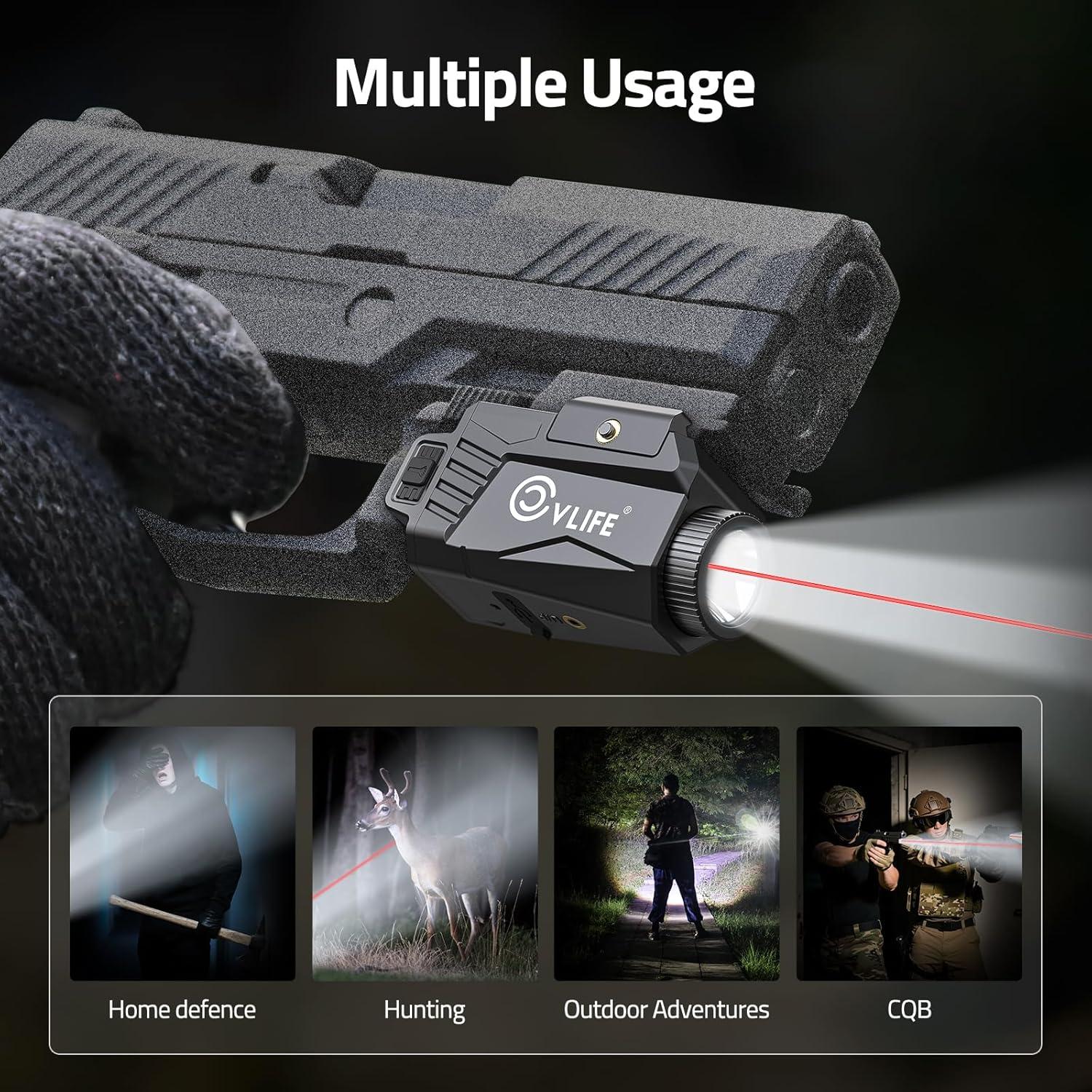 image:imageCVLIFE 600 Lumens Pistol Light Laser Combo Rechargeable Slide Rail Gun Light Compatible with Glock and Picatinny Rail Pistol Flashlight with Green Laser for Home DefenseRed Laser Light Combo