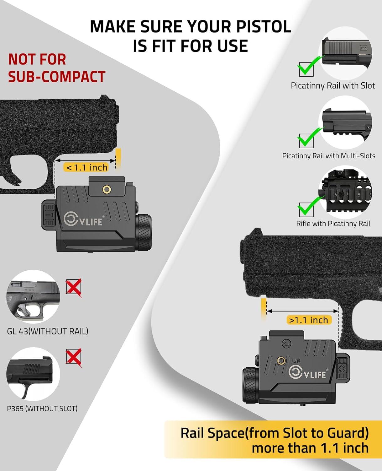 image:imageCVLIFE 800 Lumens Pistol Laser Light Combo with Slide Rail Strobe Mode for Rechargeable Gun Light Compatible with Glock and Picatinny Rail Pistol Flashlight with Green Laser Beam for Home DefenseRed Laser Light Combo