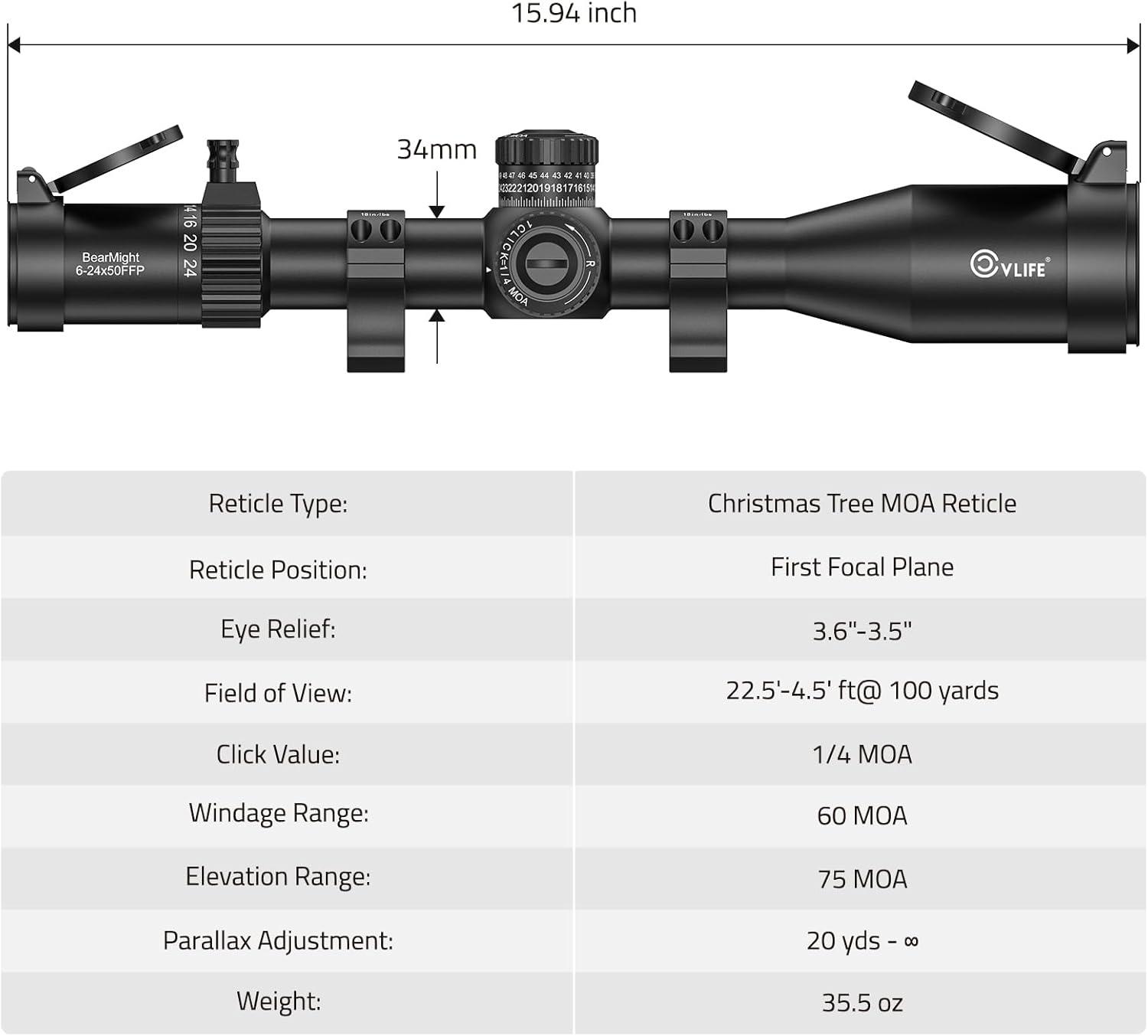 image:imageCVLIFE BearMight ED 624x50 FFP Rifle Scope ED Glass Zero Stop Illuminated MOA Reticle Side Focus Parallax Adjustment First Focal Plane Long Range Rifle Scope for Hunting 34mm Tube