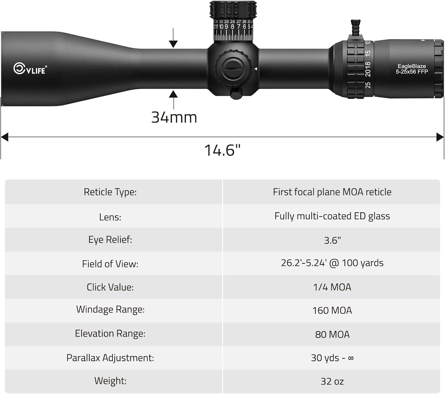 image:imageCVLIFE EagleBlaze 525x56 FFP Rifle Scope ED Glass Zero Stop Illuminated Reticle Side Parallax Adjustment First Focal Plane Long Range Rifle Scope for Hunting 34mm Tube
