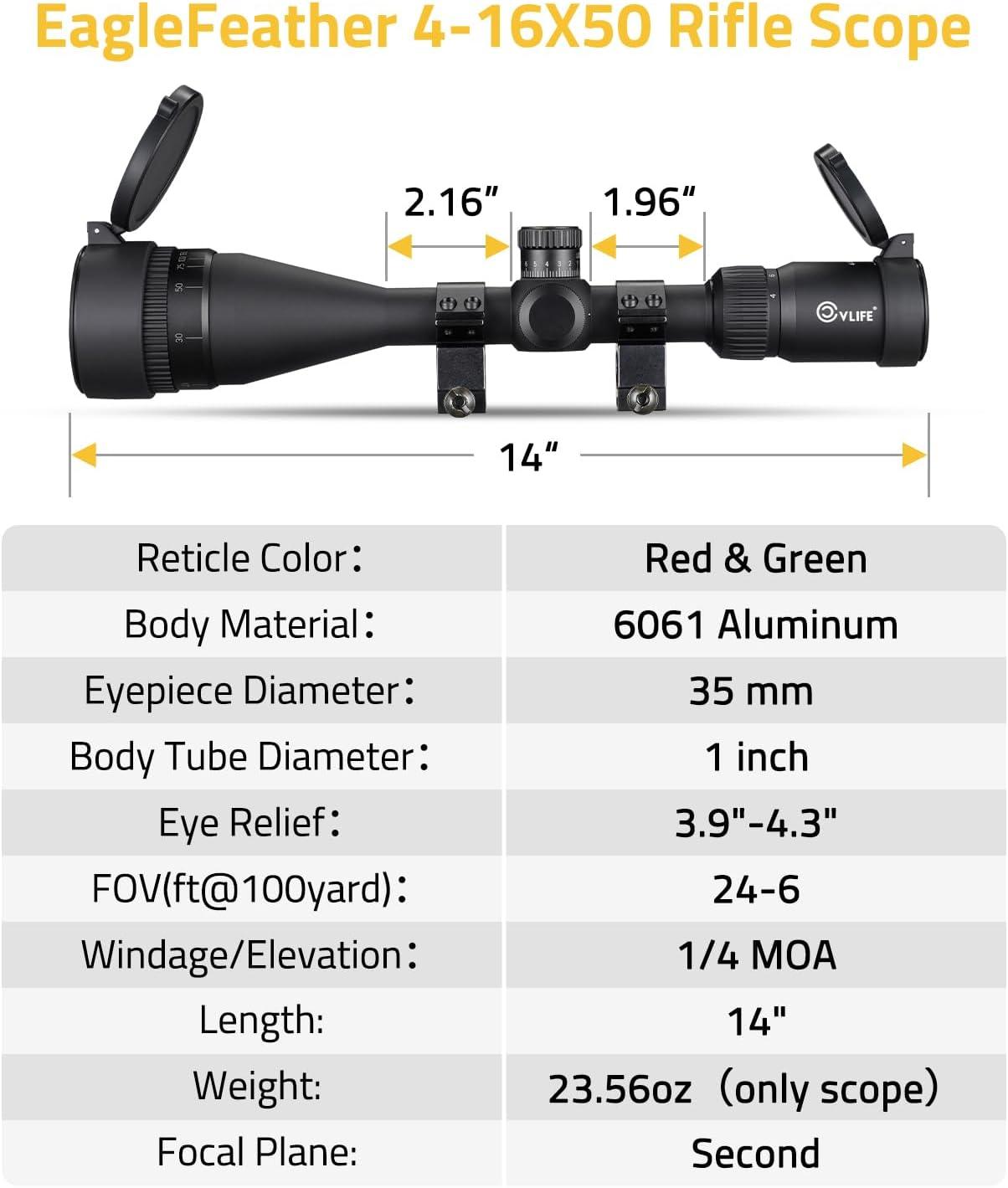 image:imageCVLIFE EagleFeather AO Rifle Scope Medium Range Scope with Locking Turret Red and Green Illuminated 1 Tube Optics for Hunting SFP Riflescope with Sunshade and Mount416X50