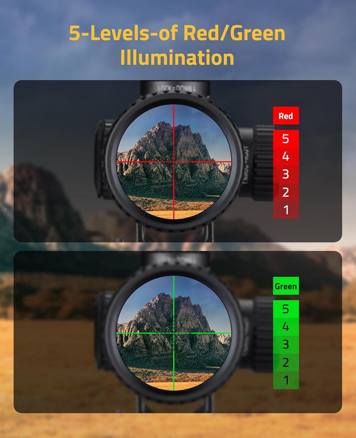 image:imageCVLIFE EagleFeather AO Rifle Scope Medium Range Scope with Locking Turret Red and Green Illuminated 1 Tube Optics for Hunting SFP Riflescope with Sunshade and Mount416X50