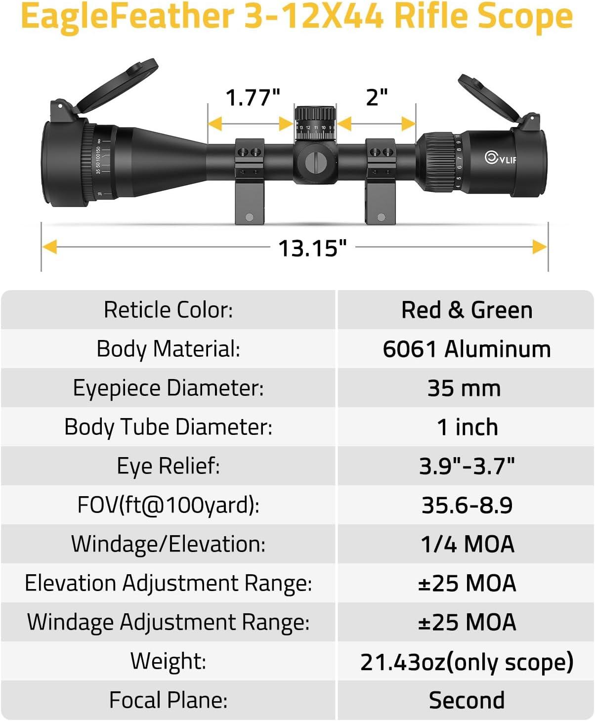 image:imageCVLIFE EagleFeather AO Rifle Scope Medium Range Scope with Locking Turret Red and Green Illuminated 1 Tube Optics for Hunting SFP Riflescope with Sunshade and Mount312X44
