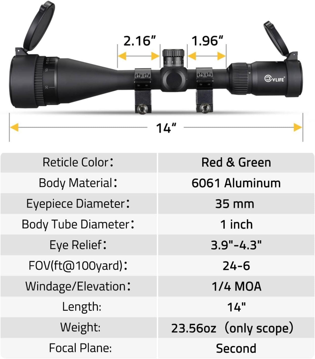 image:imageCVLIFE EagleFeather AO Rifle Scope Medium Range Scope with Locking Turret Red and Green Illuminated 1 Tube Optics for Hunting SFP Riflescope with Sunshade and Mount416X50