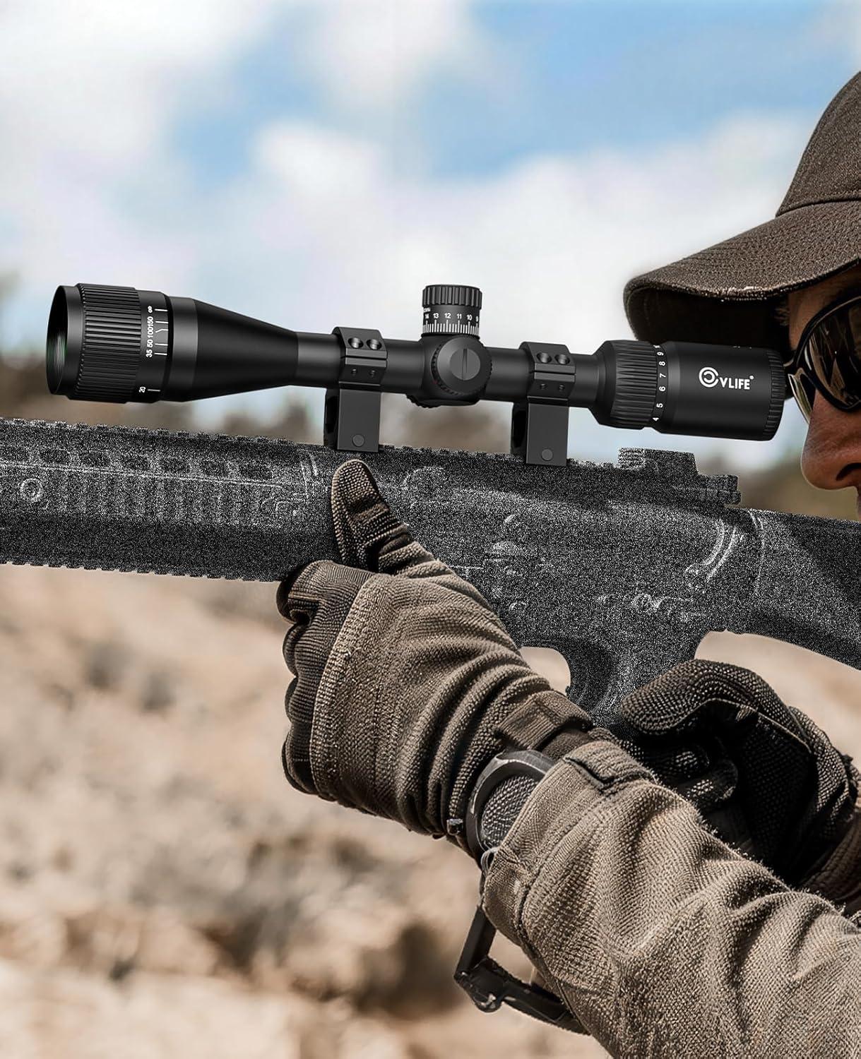 image:imageCVLIFE EagleFeather AO Rifle Scope Medium Range Scope with Locking Turret Red and Green Illuminated 1 Tube Optics for Hunting SFP Riflescope with Sunshade and Mount312X44