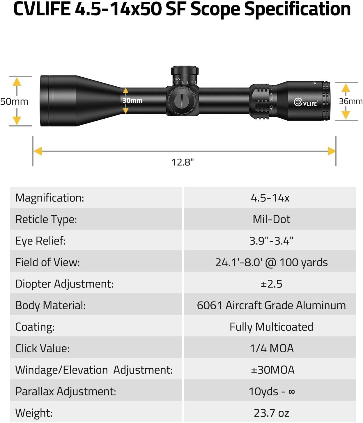 image:imageCVLIFE EagleFeather F02 Rifle Scope with Side Focus Parallax Adjustment Illuminated MilDot Reticle 30mm Tube Long Range Rifle Scope for Hunting SFP Riflescope with 20mm Scope Rings4514x50