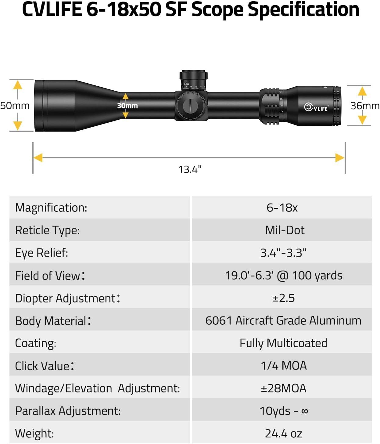 image:imageCVLIFE EagleFeather F02 Rifle Scope with Side Focus Parallax Adjustment Illuminated MilDot Reticle 30mm Tube Long Range Rifle Scope for Hunting SFP Riflescope with 20mm Scope Rings618x50