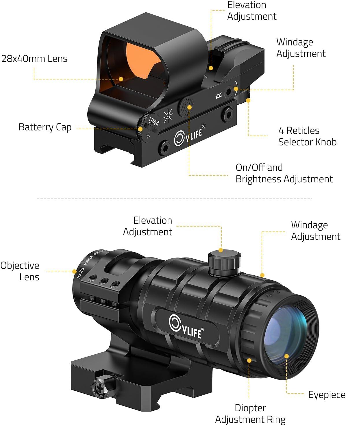 image:imageCVLIFE EagleFeather Multiple Reticle RedGreen Dot and Magnifier Combo 40mm Large Lens RedGreen Dot with 3X Magnifier Absolute CoWitness Open Reflex Optics Sight with FliptoSideRed Dot Magnifier Combo