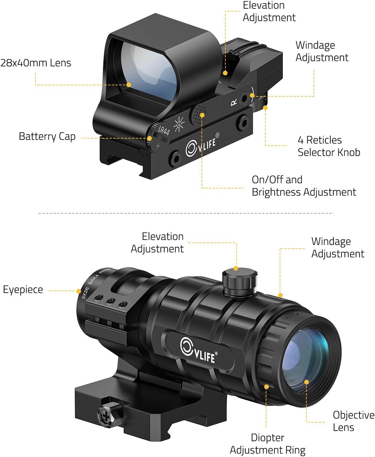 image:imageCVLIFE EagleFeather Multiple Reticle RedGreen Dot and Magnifier Combo 40mm Large Lens RedGreen Dot with 3X Magnifier Absolute CoWitness Open Reflex Optics Sight with FliptoSideGreen Dot Magnifier Combo