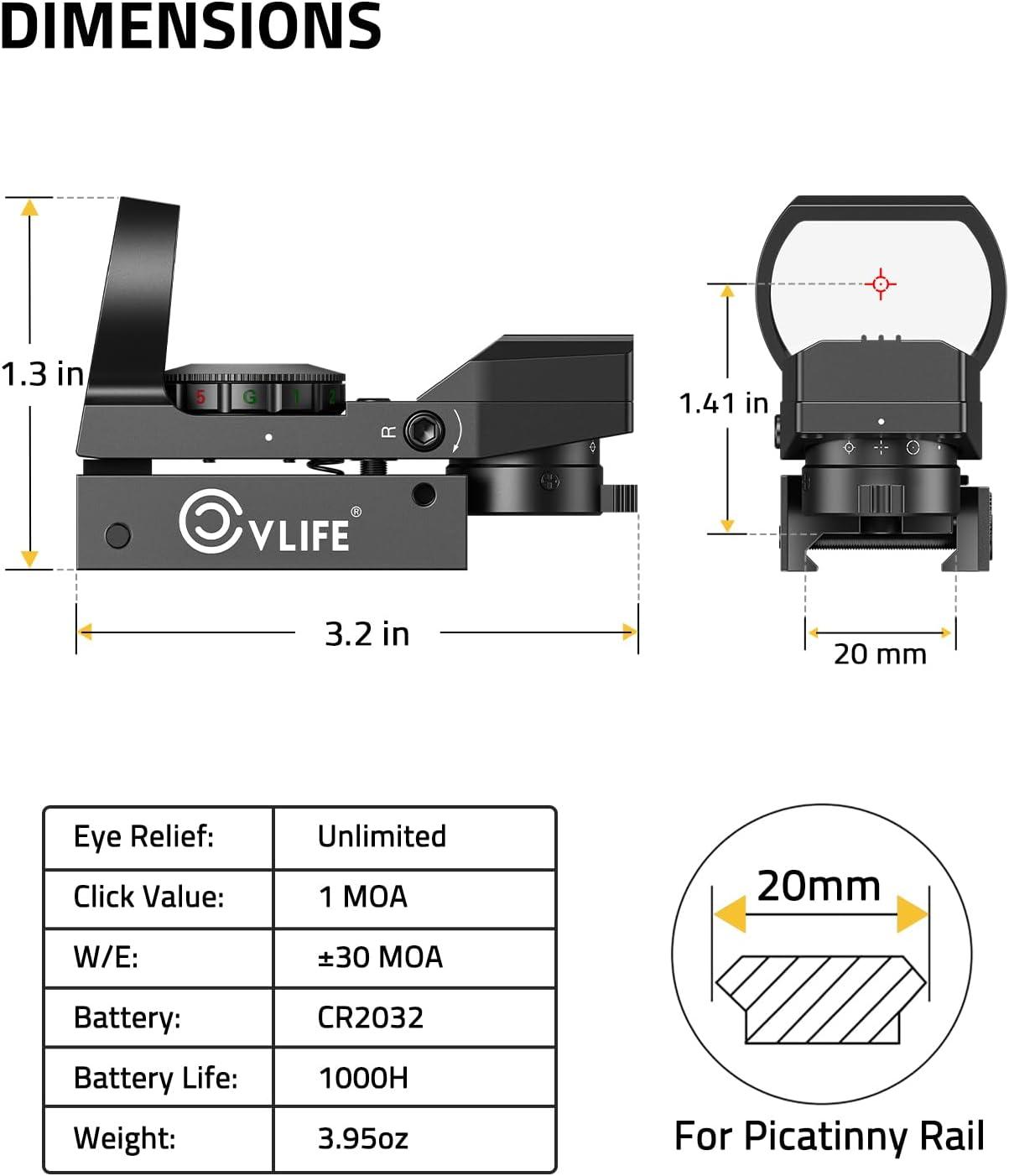 image:imageCVLIFE FoxSpook Motion Awake Multi Reticle Green amp Red Dot Sight Reflex Sight for Picatinny Absolute CoWitness Red Dot Optics Scope with 3121mm Large Window