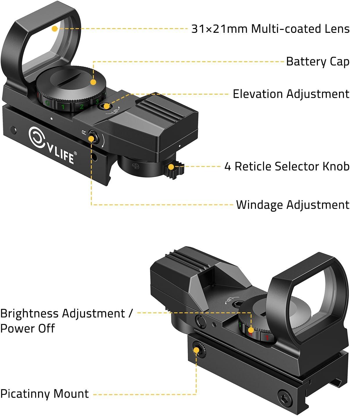 image:imageCVLIFE FoxSpook Motion Awake Multi Reticle Green amp Red Dot Sight Reflex Sight for Picatinny Absolute CoWitness Red Dot Optics Scope with 3121mm Large Window