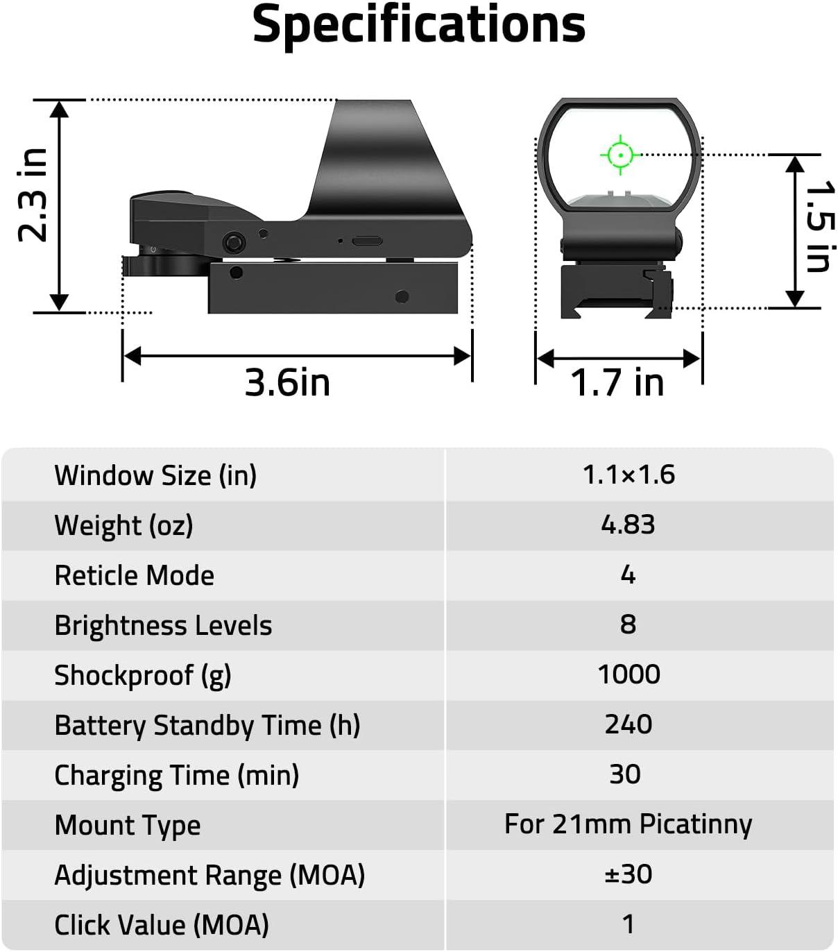 image:imageCVLIFE FoxSpook Rechargeable Multiple Reticle Green Dot Sight 40mm 16 Large Lens Open Reflex Sight for Astigmatism Optic Scope for 21mm Picatinny Rail Lower 13 CoWitness