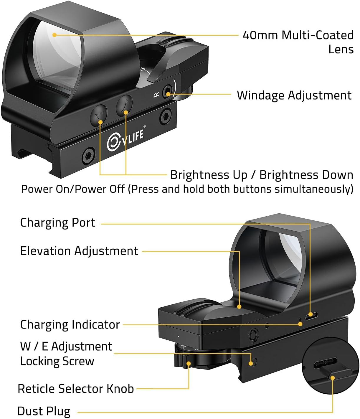image:imageCVLIFE FoxSpook Rechargeable Multiple Reticle Green Dot Sight 40mm 16 Large Lens Open Reflex Sight for Astigmatism Optic Scope for 21mm Picatinny Rail Lower 13 CoWitness