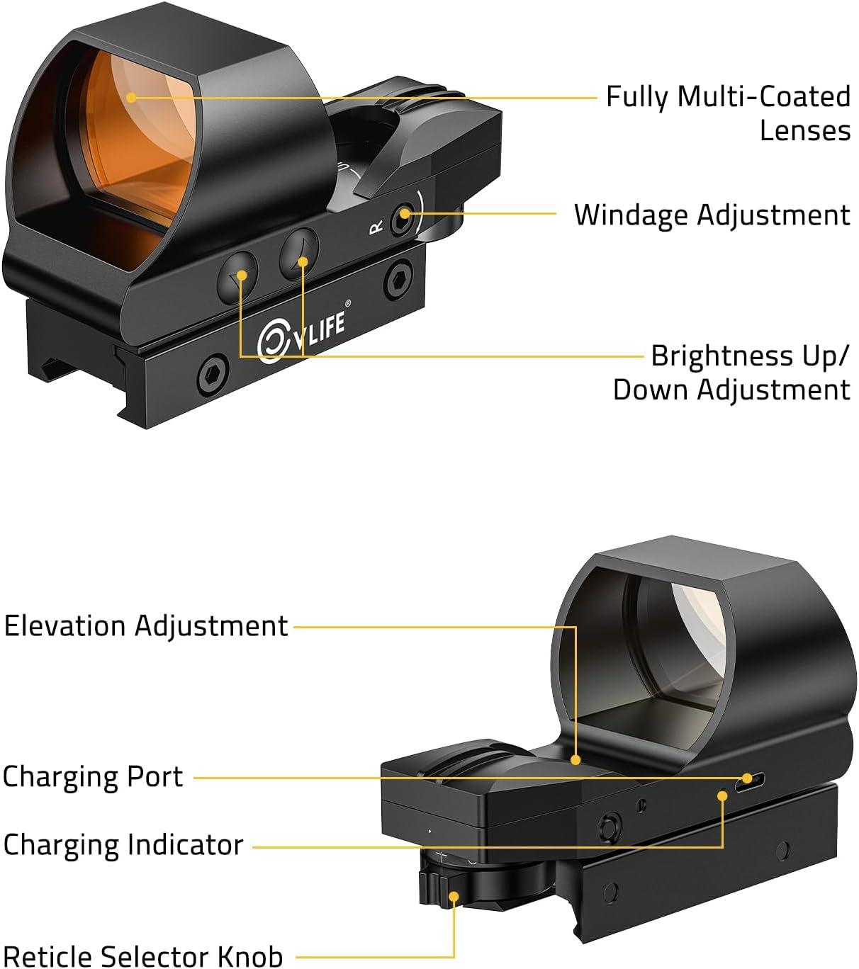 image:imageCVLIFE FoxSpook Rechargeable Reflex Sight 1X28x40mm Red Dot Sight 4 Adjustable Reticles Red Dot Optics for Picatinny Rail Red Dot Scope Paintball Sight Absolute CoWitnessBlack