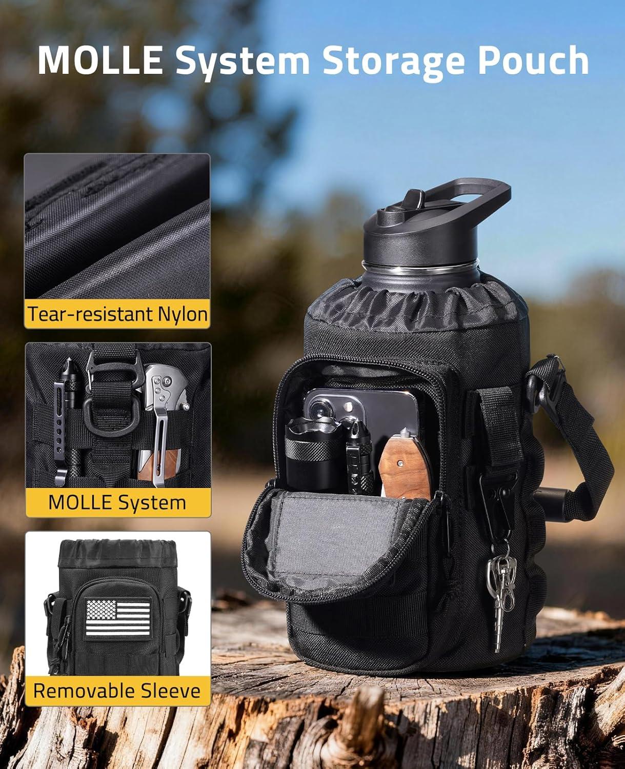 image:imageCVLIFE Half Gallon Water Bottle with Straw 64 oz Insulated Stainless Steel Water Jug Battle Sports Bottle with Bottle Pouch Durable Handle Removable Sleeve for Gym Hiking Camping Black 2 Liter