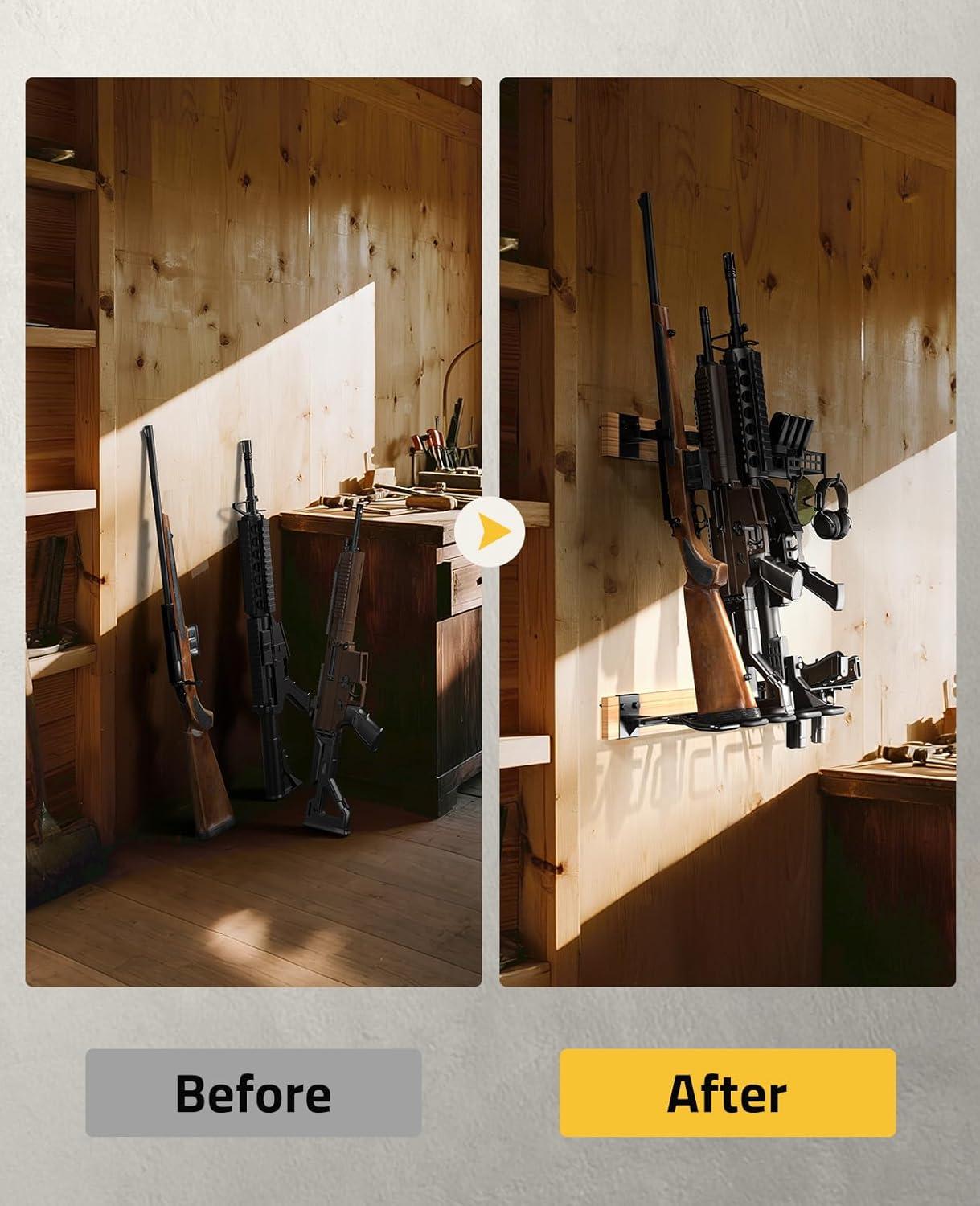 image:imageCVLIFE Indoor Gun Racks Wall Mount 5 Gun Rack with 4 Pistol Holder Solid Wood amp Carbon Steel Wall Gun Racks for Rifle Shotgun Pistol Mag Storage Vertical Wall Mounted Rifle Rack Easy Assembly