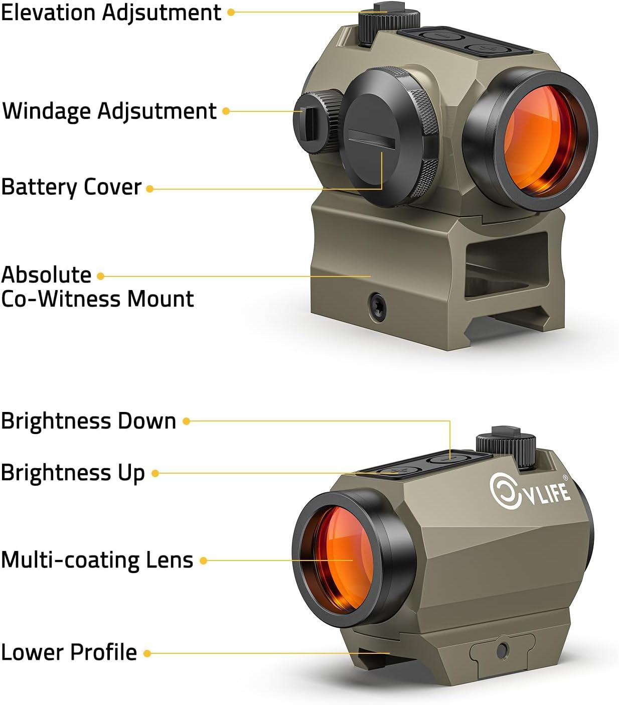 image:imageCVLIFE JackalHowl Red Dot Sight Motion Awake 2 MOA Red Dot Optics IPX7 Waterproof amp Fogproof 50000H Battery Life 1x20mm Compact Red Dot Scope for 21mm Picatinny Rail Absolute CoWitnessSand
