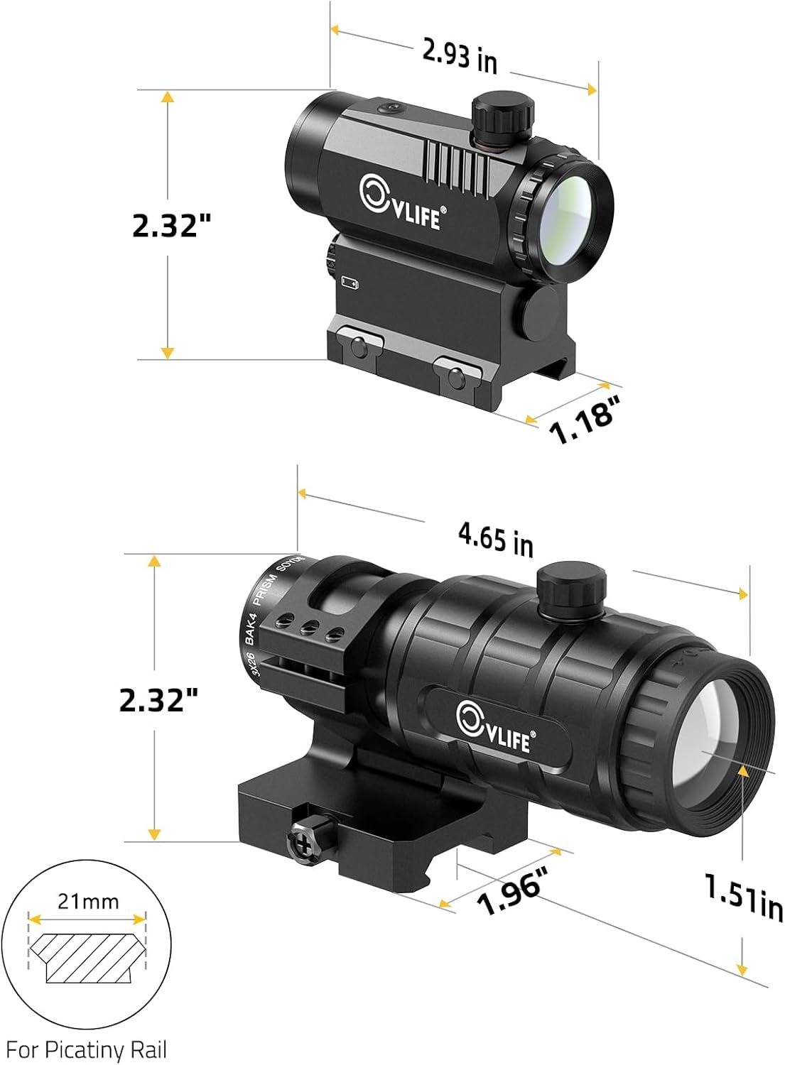 image:imageCVLIFE Motion Awake Red Dot and Magnifier Combo Auto Brightness Adjustment 3 MOA Red Dot with 3X Magnifier Absolute CoWitness Optic Open Reflex Optic Sight with FliptoSide Mount