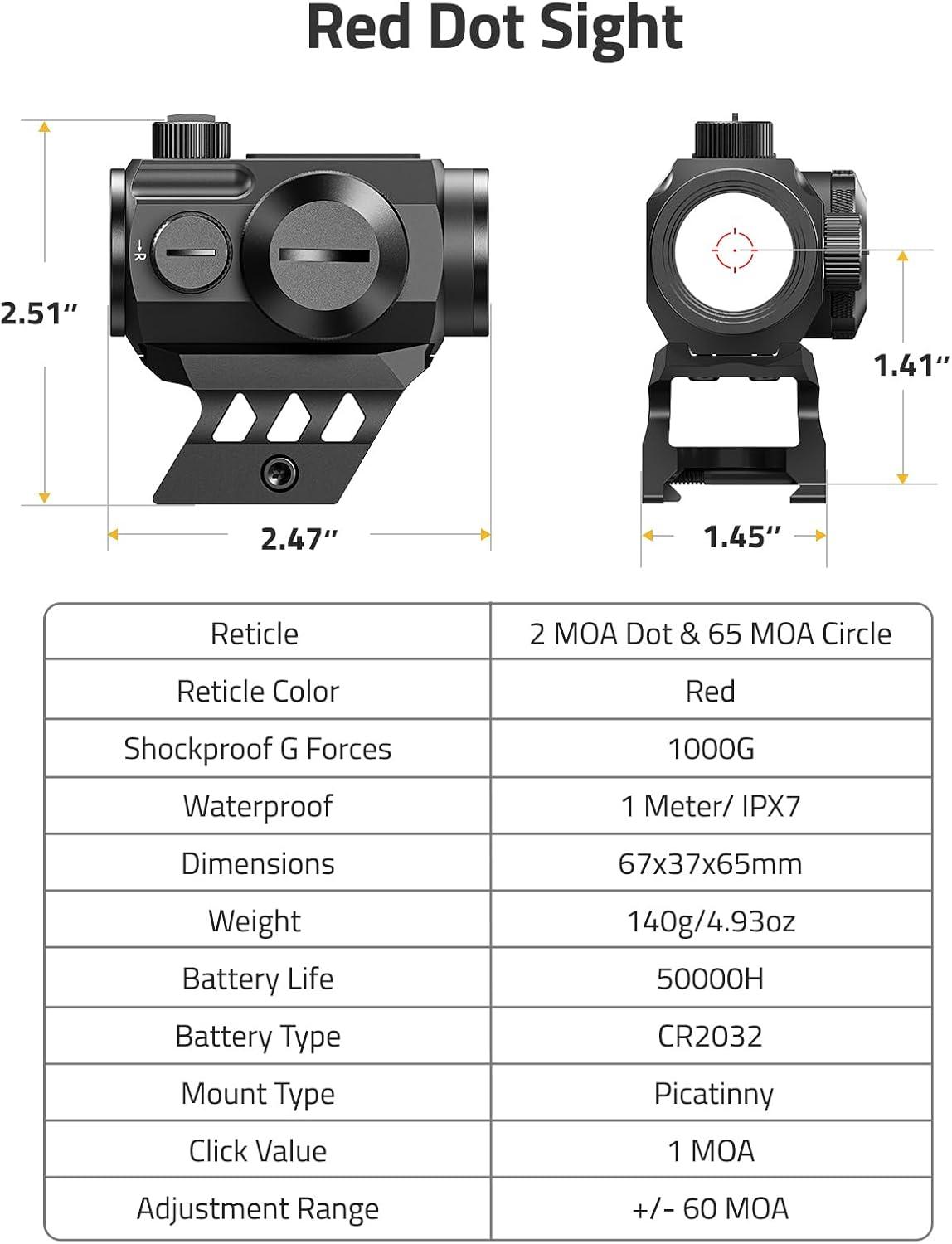 image:imageCVLIFE MultiReticle 2 MOA Dot amp 65 MOA Circle Red Dot Motion Awake Red Dot Scope 50K Hours Battery Life IPX7 Waterproof Red Dot Optics with Absolute CoWitness Riser amp Low Mount for 21mm Picatinny