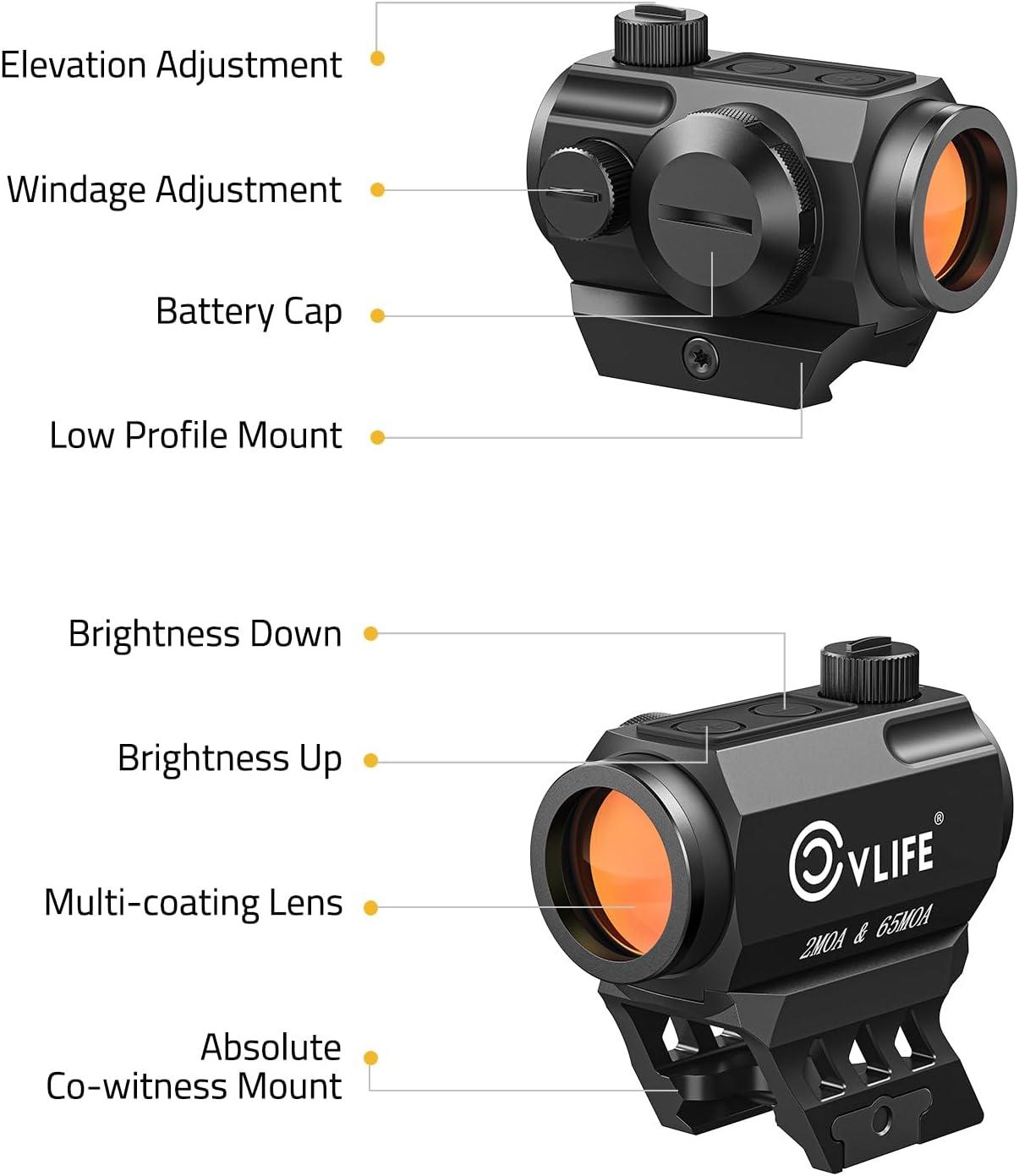 image:imageCVLIFE MultiReticle 2 MOA Dot amp 65 MOA Circle Red Dot Motion Awake Red Dot Scope 50K Hours Battery Life IPX7 Waterproof Red Dot Optics with Absolute CoWitness Riser amp Low Mount for 21mm Picatinny