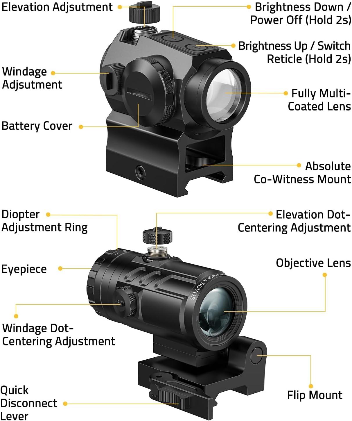 image:imageCVLIFE MultiReticle RedGreen Dot Sight amp 3X Magnifier Combo Motion Awake Compact Red Dot amp Circle with Quick Release FliptoSide Magnifier Combo Kit Optics Absolute CoWitness for 21MM PicatinnyGreen 2 MOA Dot 55 MOA Circle