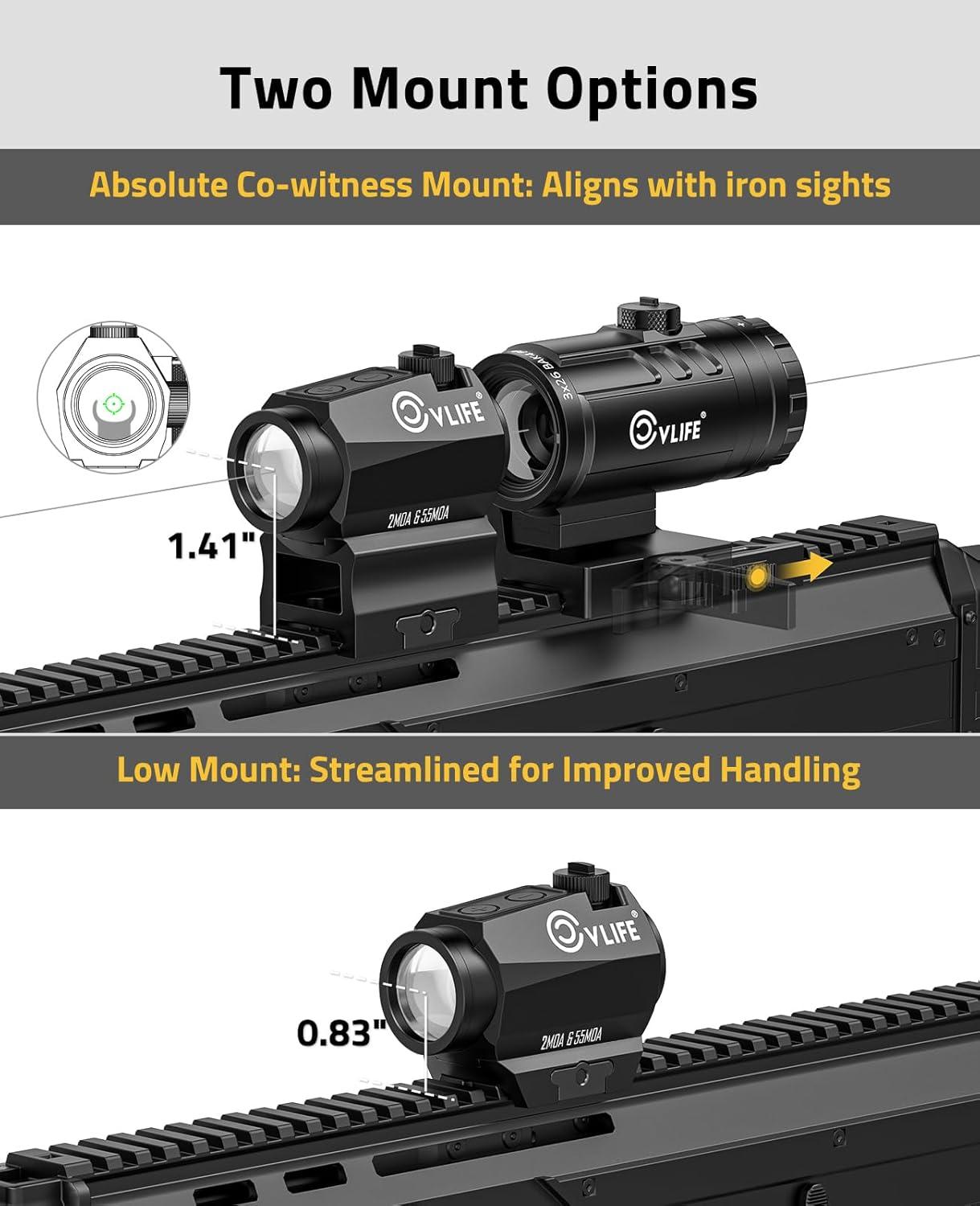image:imageCVLIFE MultiReticle RedGreen Dot Sight amp 3X Magnifier Combo Motion Awake Compact Red Dot amp Circle with Quick Release FliptoSide Magnifier Combo Kit Optics Absolute CoWitness for 21MM PicatinnyGreen 2 MOA Dot 55 MOA Circle