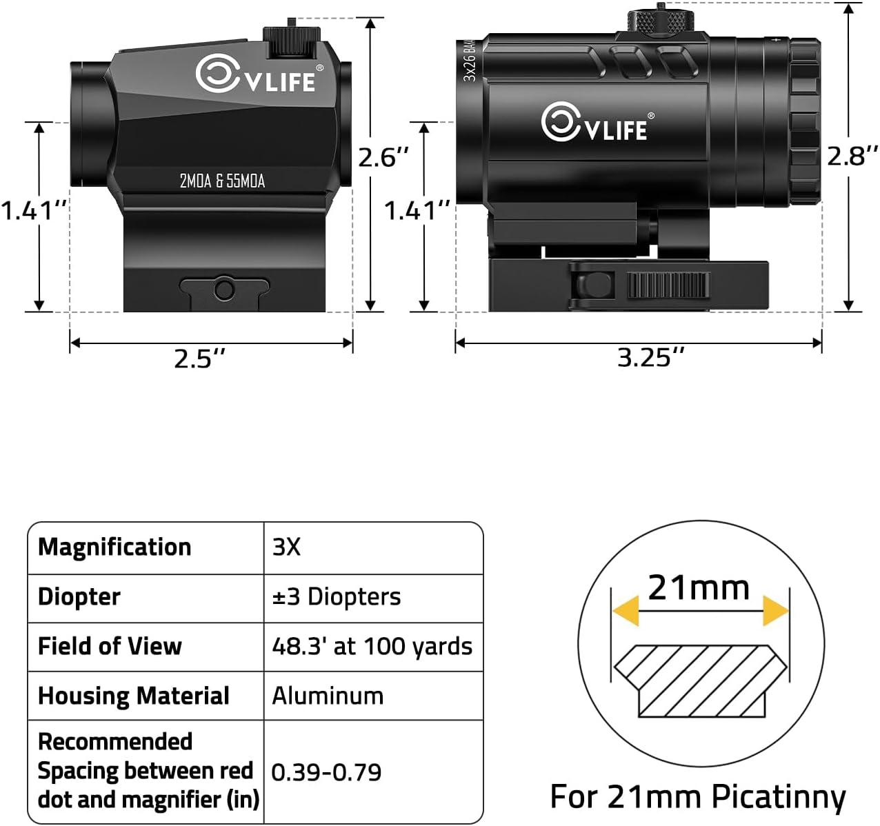 image:imageCVLIFE MultiReticle RedGreen Dot Sight amp 3X Magnifier Combo Motion Awake Compact Red Dot amp Circle with Quick Release FliptoSide Magnifier Combo Kit Optics Absolute CoWitness for 21MM PicatinnyGreen 2 MOA Dot 55 MOA Circle