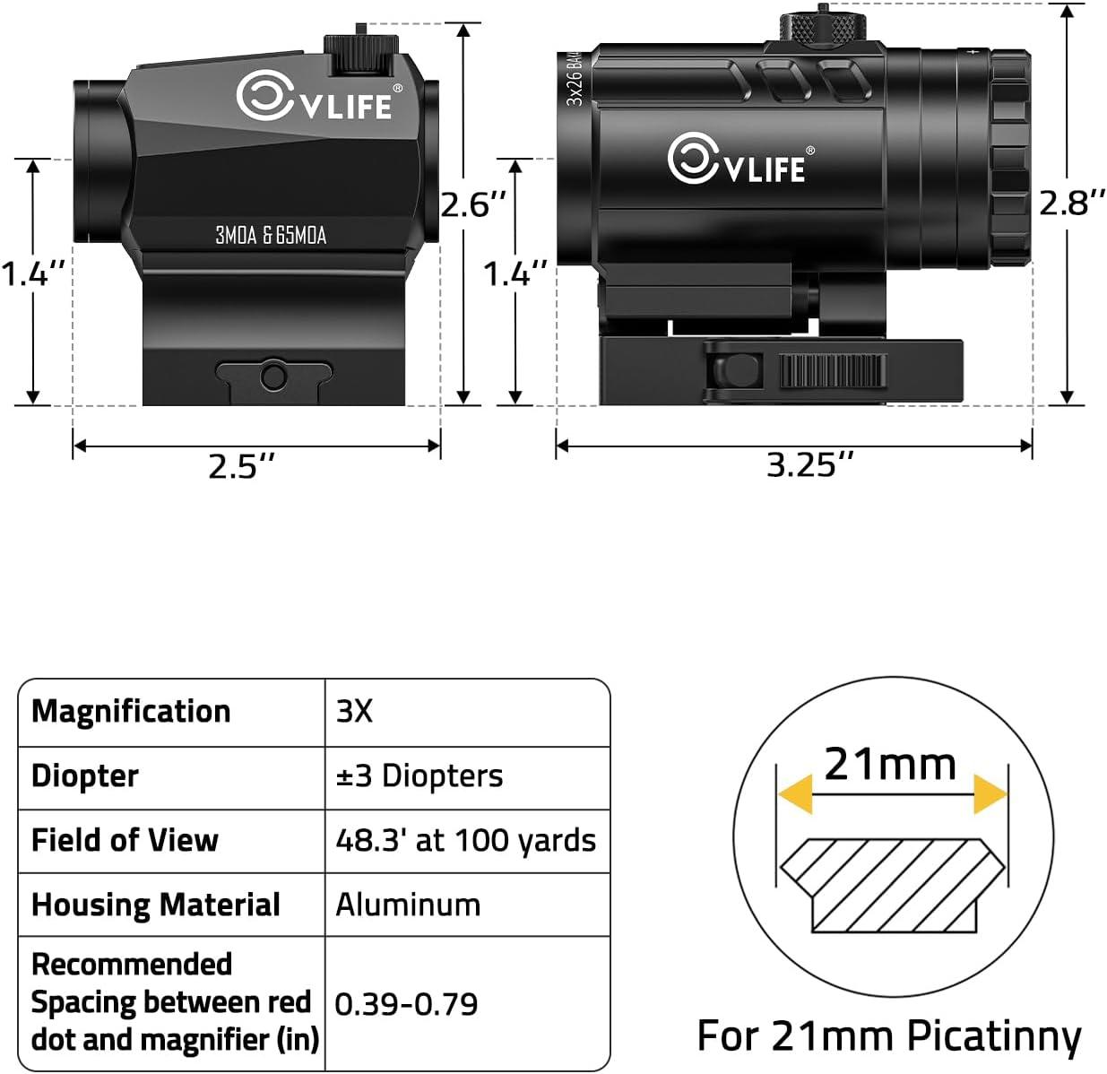 image:imageCVLIFE MultiReticle RedGreen Dot Sight amp 3X Magnifier Combo Motion Awake Compact Red Dot amp Circle with Quick Release FliptoSide Magnifier Combo Kit Optics Absolute CoWitness for 21MM PicatinnyRed 3 MOA Dot 65 MOA Circle