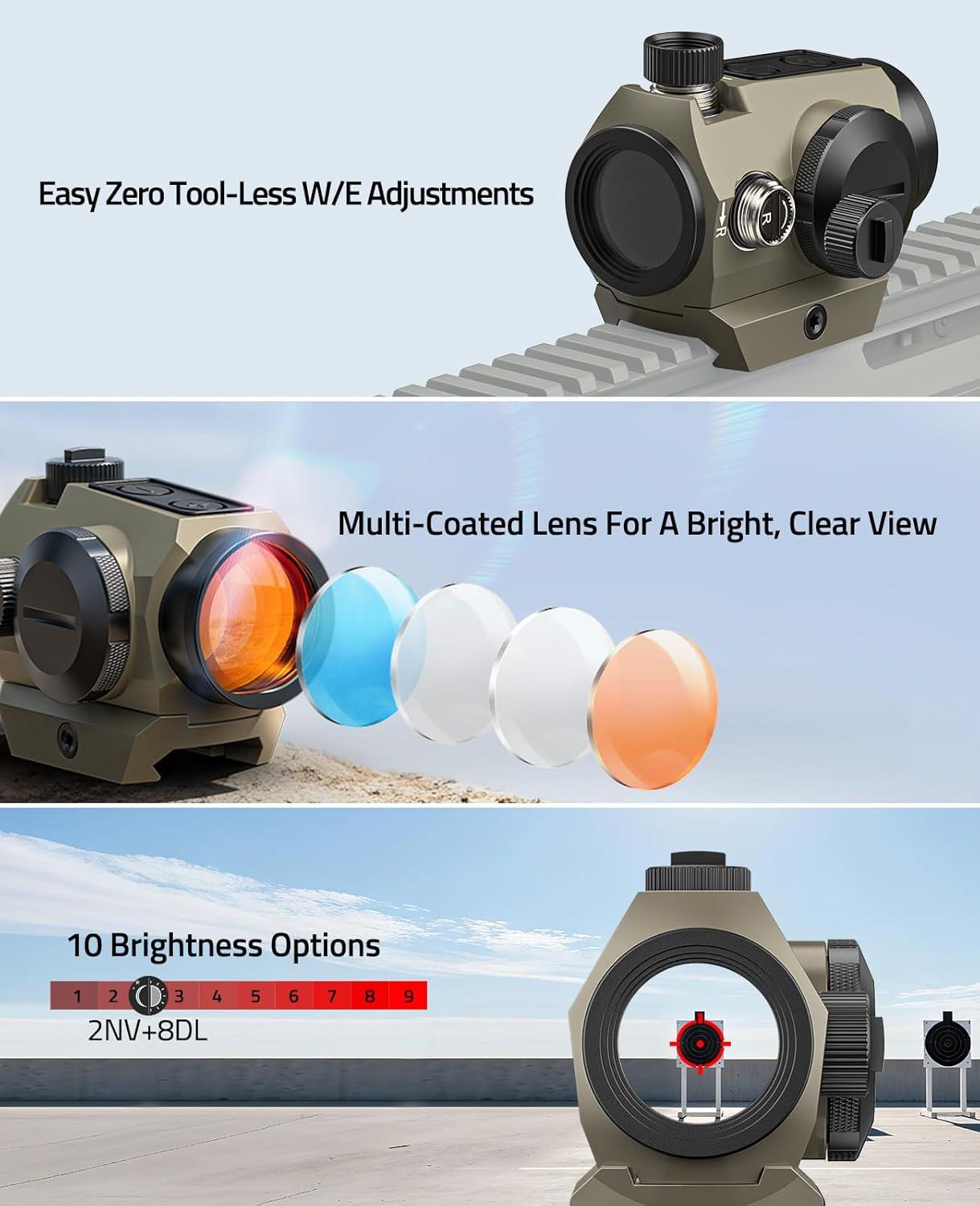 image:imageCVLIFE Multiple Reticle Red Dot Sight Motion Awake Red Dot amp Circle 1x20mm Optics Scope with Absolute CoWitness Riser and Low Mount for 21mm Picatinny IPX7 Waterproof amp Fogproof 50000H RuntimeSand